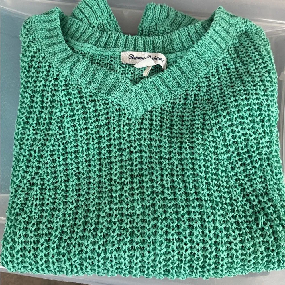 TOMMY BAHAMA Size M Aqua Green Short Sleeve Open Knit Pullover Sweater